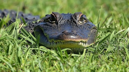 Obraz premium A large alligator is lying low in vibrant green grass, basking in the warm sunlight. The animal's sharp eyes and textured skin are clearly visible, highlighting its natural features