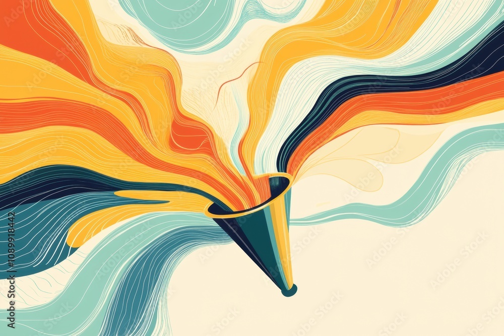 Fototapete Dynamic and colorful patterns emerge from a central funnel shape, creating a lively composition with swirling lines and bright colors. Generative AI