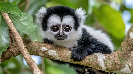 Obraz premium A small, fluffy black and white monkey sits on a thick branch, gazing curiously. Lush green foliage surrounds its vibrant habitat, showcasing its playful yet calm demeanor