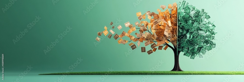 Aufkleber an artistic representation of a tree where branches extend into discount symbols and price tags, hig
