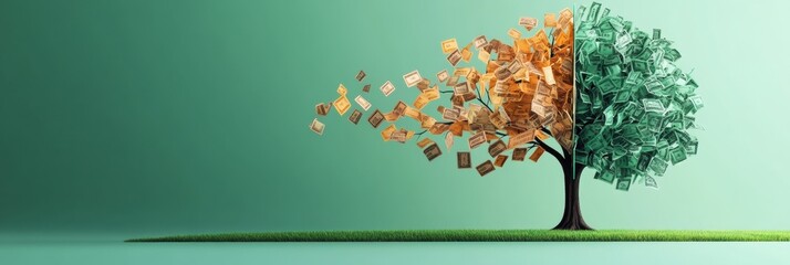 An artistic representation of a tree where branches extend into discount symbols and price tags, highlighting commerce and value. Generative AI