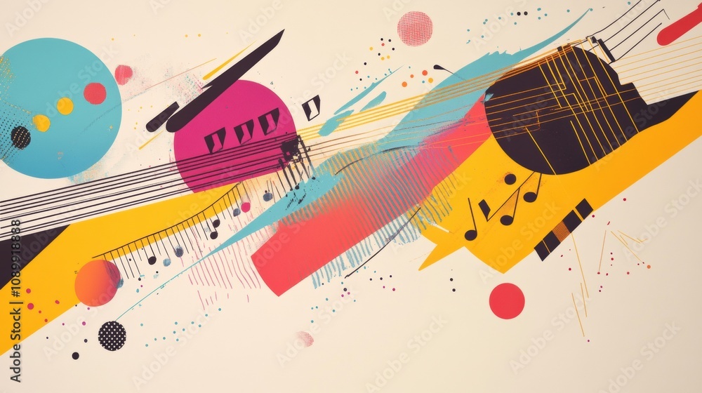 Aufkleber Dynamic shapes visualize sound waves, blending musical notes and instruments in a bright and abstract artwork, inviting creative expression. Generative AI