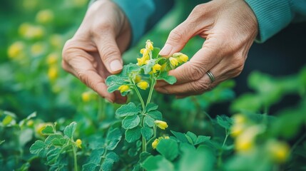 A person gently holds blooming yellow flowers while inspecting the healthy green foliage in a thriving garden, showcasing the beauty of nature