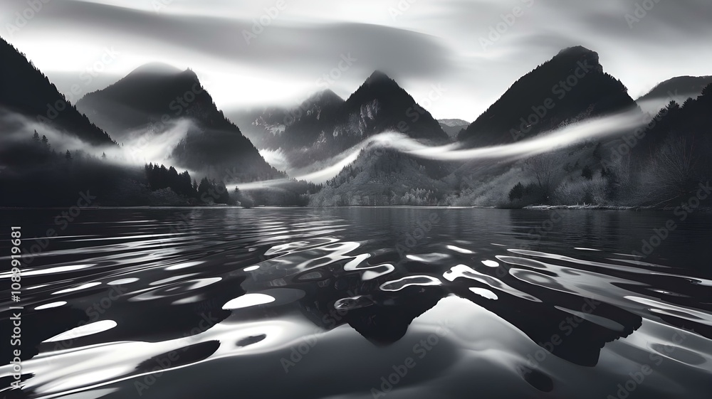 Aufkleber mystical monochrome mountains: a serene scene of fog rolling over peaks reflected in calm waters, cr