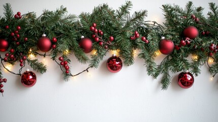 Festive holiday decor indoor setting image of evergreen branches with ornaments bright lighting...