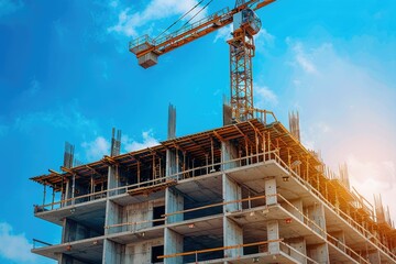 Construction site with building under construction and yellow crane.