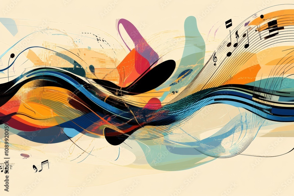 Fototapete this artwork features a dynamic interplay of sound waves and musical notes, with instruments visuall