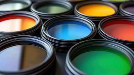 Fototapeta premium Various lens filters are neatly arranged on a table, displaying a spectrum of colors including red, blue, green, and yellow. These filters are essential tools for photographers enhancing their shots
