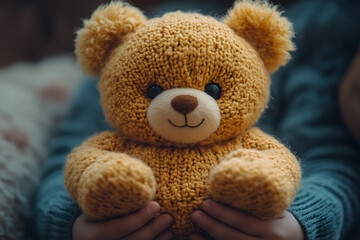 Obraz premium A close-up shot of a child's hand holding an old toy, capturing a flashback to childhood memories with soft warm lighting and a vintage feel. 