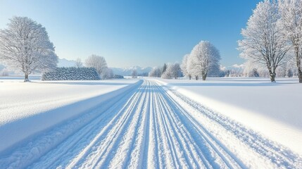 Obraz premium A peaceful winter morning features a snow-covered landscape with fresh white snow blanketing the ground. Tall trees are frosted with snow, and the sun shines brightly against a clear blue sky
