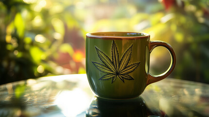 Green Cannabis Mug with Leaf Design on Glass Table in Sunlit Garden