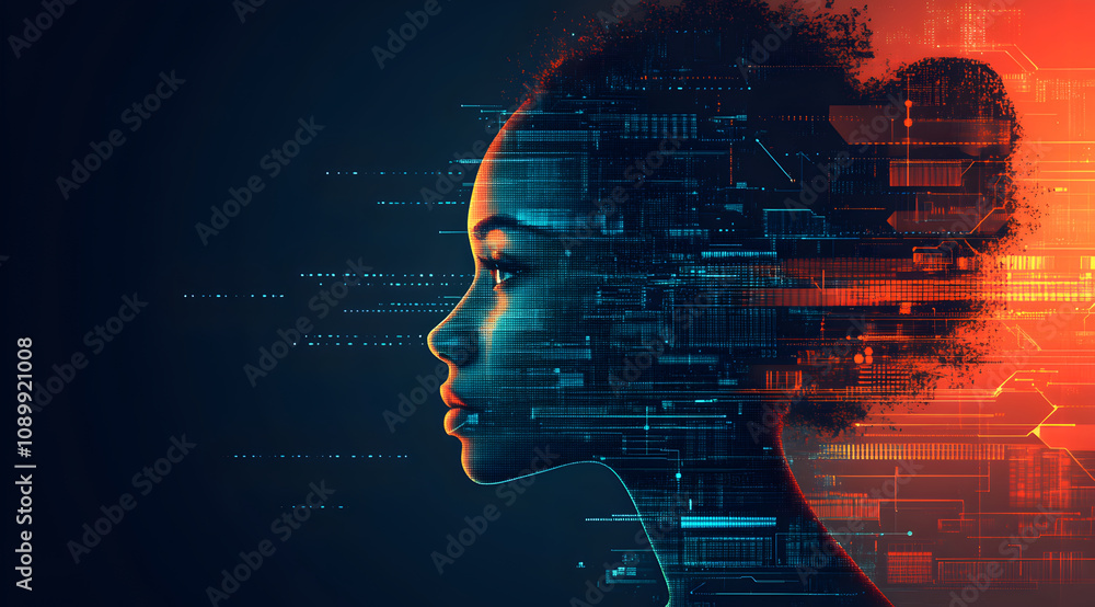 Poster a digital profile of a woman, surrounded by glowing data patterns, symbolizes the intersection of te