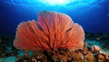 A delicate and intricate coral structure sits alone in a barren, polluted ocean, with a cold 