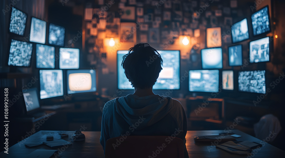 Poster a person sits in front of multiple screens in a dimly lit room, focusing intently as glowing monitor