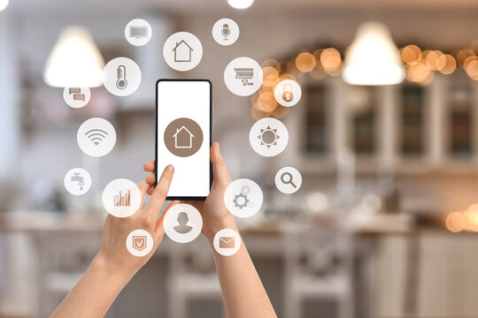 Interior of kitchen decorated for Christmas celebration, blurred view