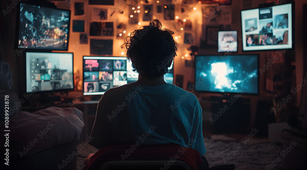 Poster a person sits in a dimly lit room surrounded by multiple screens showcasing various visuals, creatin
