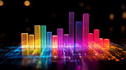 Vibrant multicolored bar chart with bokeh city lights background