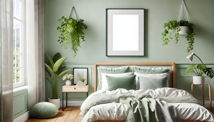 Naklejka premium Elegant Bedroom Scene with Blank Poster Frame for Customization