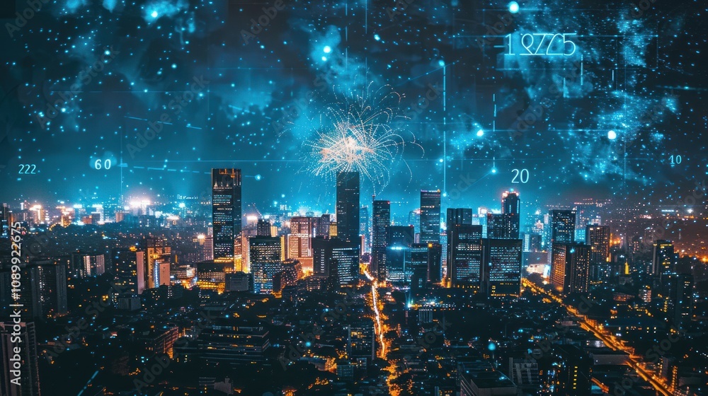 Poster a futuristic cityscape with a digital overlay of data and connections representing a connected and m