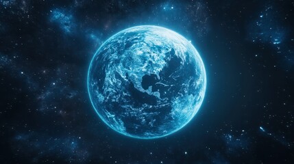 Obraz premium A high-tech digital illustration of a planet hologram, symbolizing global fintech progress and innovation through digital connections and data.