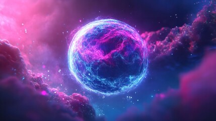 Obraz premium A high-tech digital illustration of a planet hologram, symbolizing global fintech progress and innovation through digital connections and data.