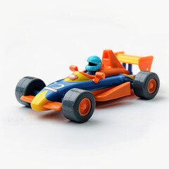 Fototapeta premium Plastic toy childrens racing car on a white background.