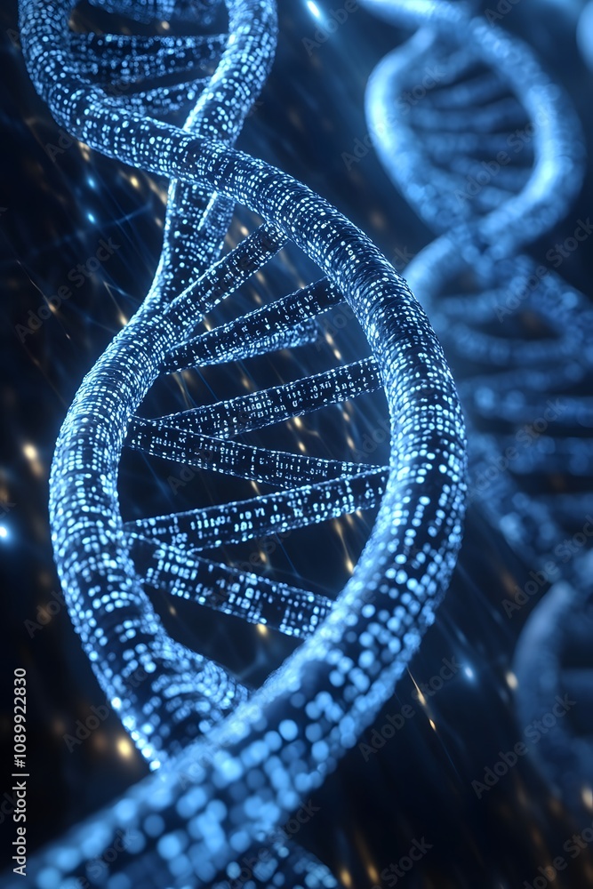 Poster a digital representation of dna strands showcasing genetic structure and complexity.