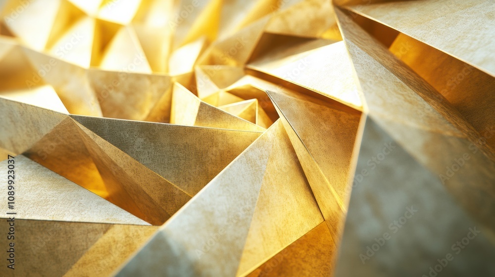 Fototapete Intricate golden shapes converge and reflect light, showcasing a modern abstract art piece with dynamic angular patterns. Generative AI