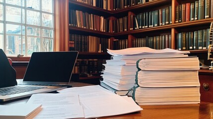 A stack of research papers, open notebooks, and a laptop on a wooden desk, with a bookshelf full of journals in the background