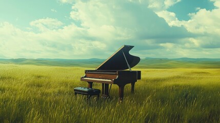 grand piano placed in the middle of a vast green savannah, perfect for a music concept or album cover.