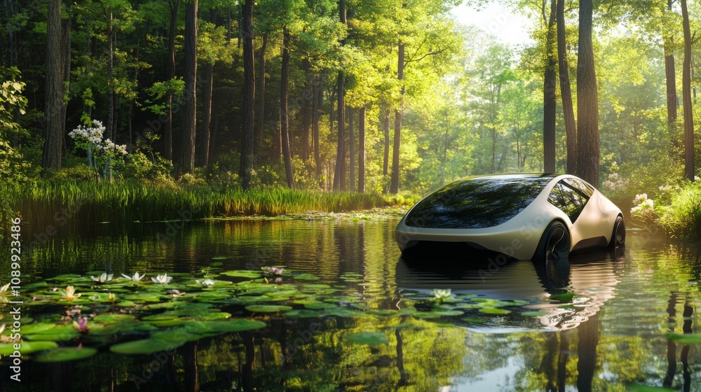 Poster a sleek, modern vehicle is partially submerged in a serene forest pond, reflecting vibrant greenery 