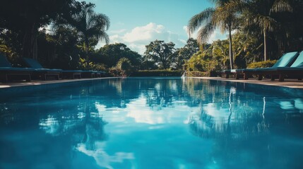 Obraz premium A wide view of a serene, empty swimming pool with comfortable loungers beside it, reflecting the calm atmosphere of a luxurious retreat.