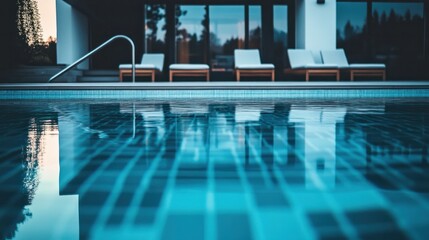 Obraz premium A wide view of a serene, empty swimming pool with comfortable loungers beside it, reflecting the calm atmosphere of a luxurious retreat.