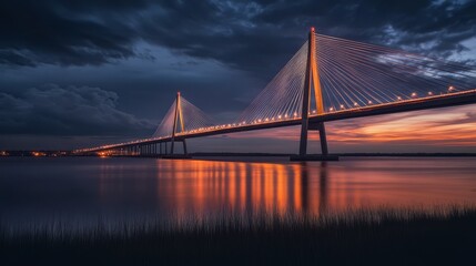 Obraz premium Illuminated cable-stayed bridge at sunset, reflecting on calm water.