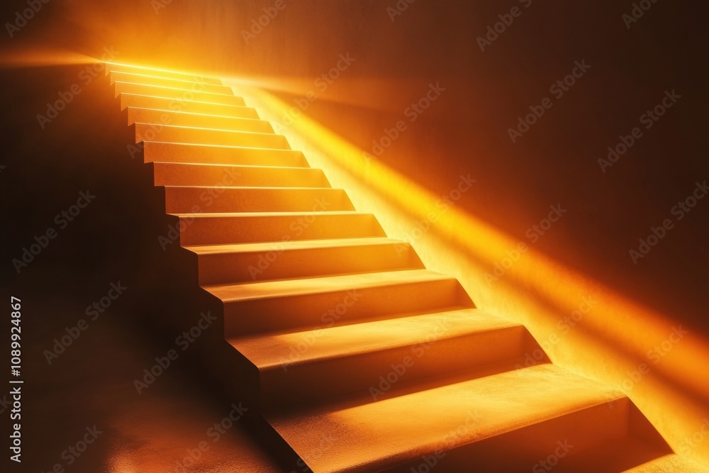 Fototapete A staircase ascends into a softly lit area, with warm beams of light illuminating each step in a tranquil environment. Generative AI