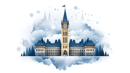 Obraz premium Illustration of a wintery parliament building surrounded by snowflakes and trees