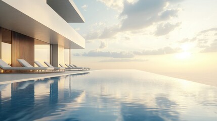 Fototapeta premium A wide view of a serene, empty swimming pool with comfortable loungers beside it, reflecting the calm atmosphere of a luxurious retreat.
