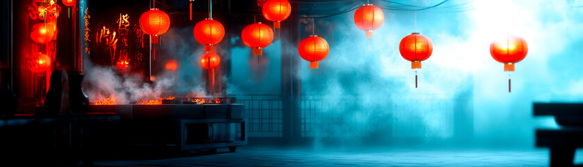 Obraz premium Bright red lanterns glow against a misty blue backdrop, creating a vibrant, atmospheric scene, perfect for festive celebrations or cultural events.