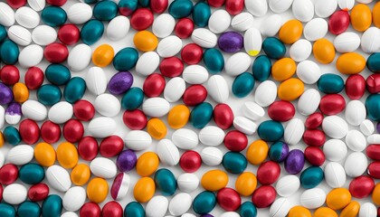 Obraz premium Background of colorful capsules and round medicines. The capsules are arranged randomly, The image is sharp and bright