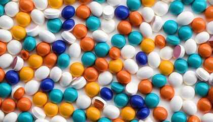 Fototapeta premium Background of colorful capsules and round medicines. The capsules are arranged randomly, The image is sharp and bright