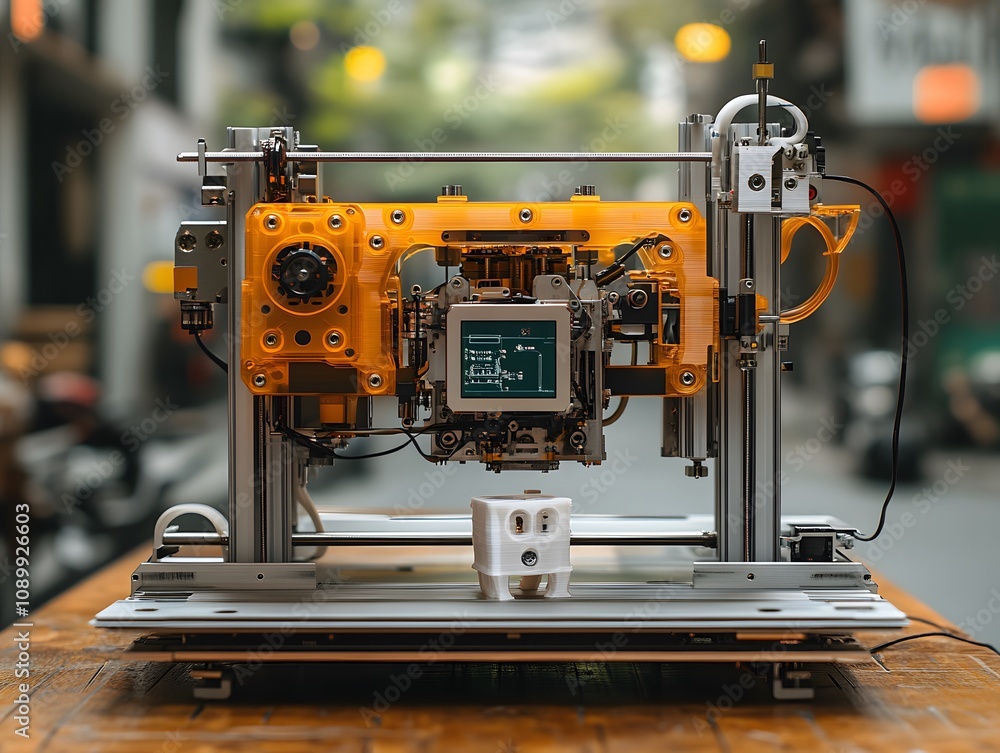 Poster a 3d printer displayed in a modern setting, showcasing its intricate design and technology.