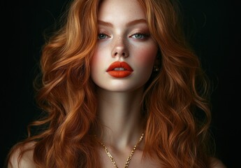 Fototapeta premium Stunning Portrait of a Redhead Woman with Vibrant Makeup and Wavy Hair