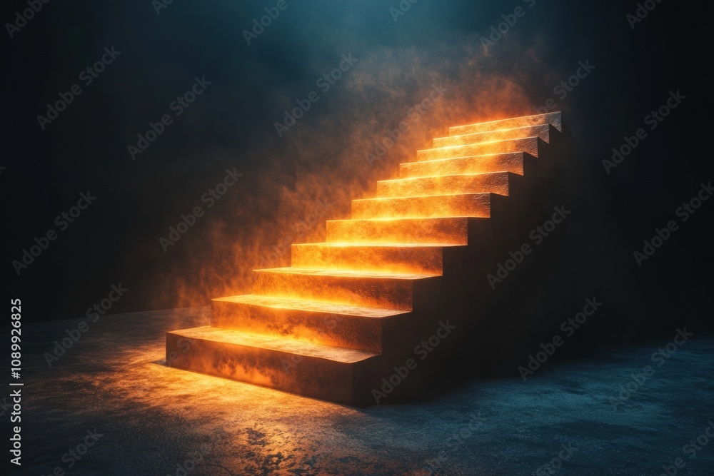 Fototapete Glowing staircase stands out in a dark space, surrounded by swirling smoke, creating a dramatic and mysterious visual atmosphere. Generative AI