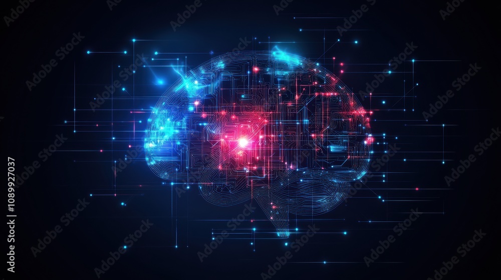 Leinwandbilder a digital brain showcases intricate connections highlighted in blue and red lights, emphasizing mode