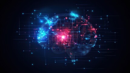 Fototapeta premium A digital brain showcases intricate connections highlighted in blue and red lights, emphasizing modern technology and neuroscience. Generative AI