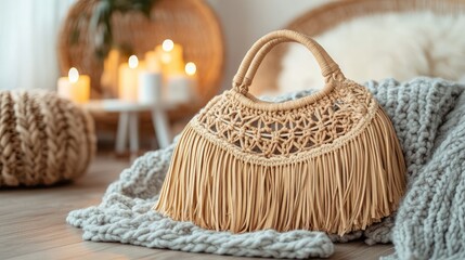 Obraz premium Elegant handwoven bag with intricate detailing and fringe, resting on a cozy knitted blanket in a serene and tastefully decorated living space with soft candles in the background.