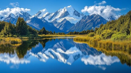 Fototapeta premium Majestic snow-capped mountains reflected in a serene lake.