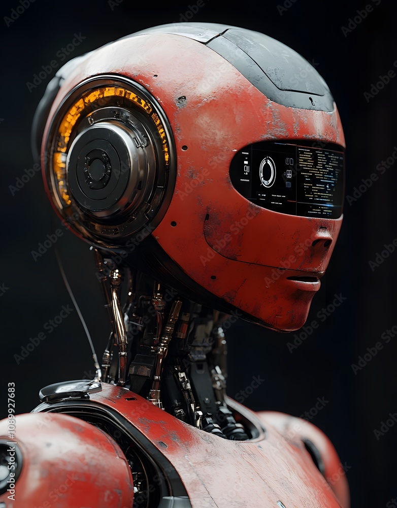 Poster a close-up of a futuristic red robot with a sleek design and digital interface.