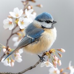 Fototapeta premium A fluffy blue capped bird perched delicately on a blooming cherry blossom branch.