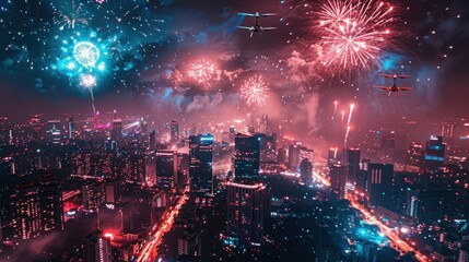 Fototapeta premium A stunning aerial view of a city at night with fireworks exploding in the sky. Two drones are flying through the air.